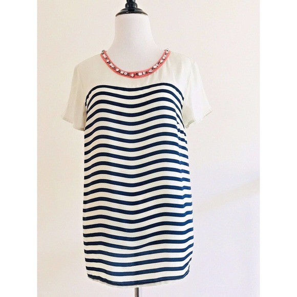 Anthropologie | Maeve Jewel Collar Women SM White Red Striped Top Short Sleeve - Picture 1 of 10